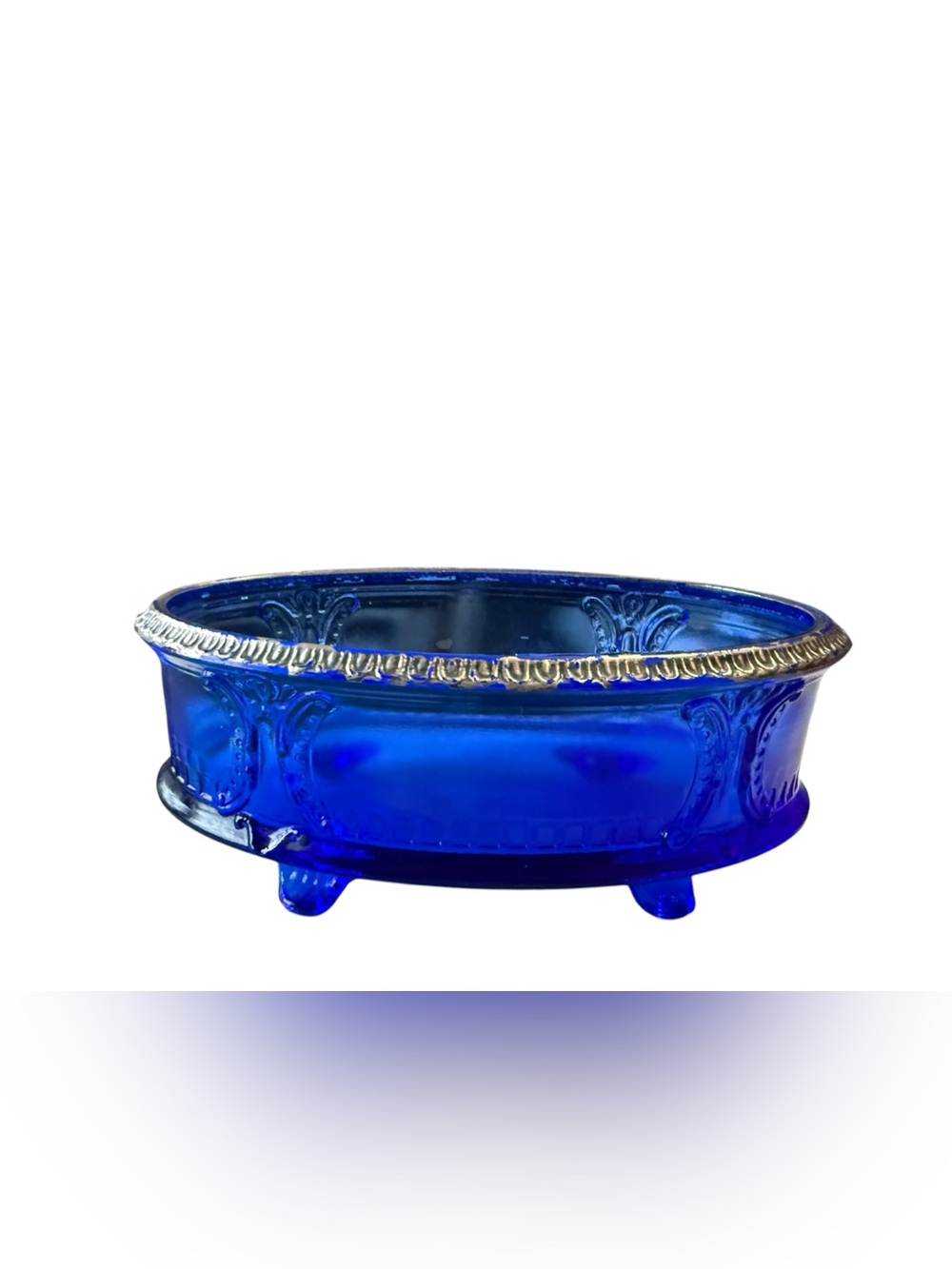 Vintage Cobalt Blue Glass Footed Bowl Gold Gilt Trim